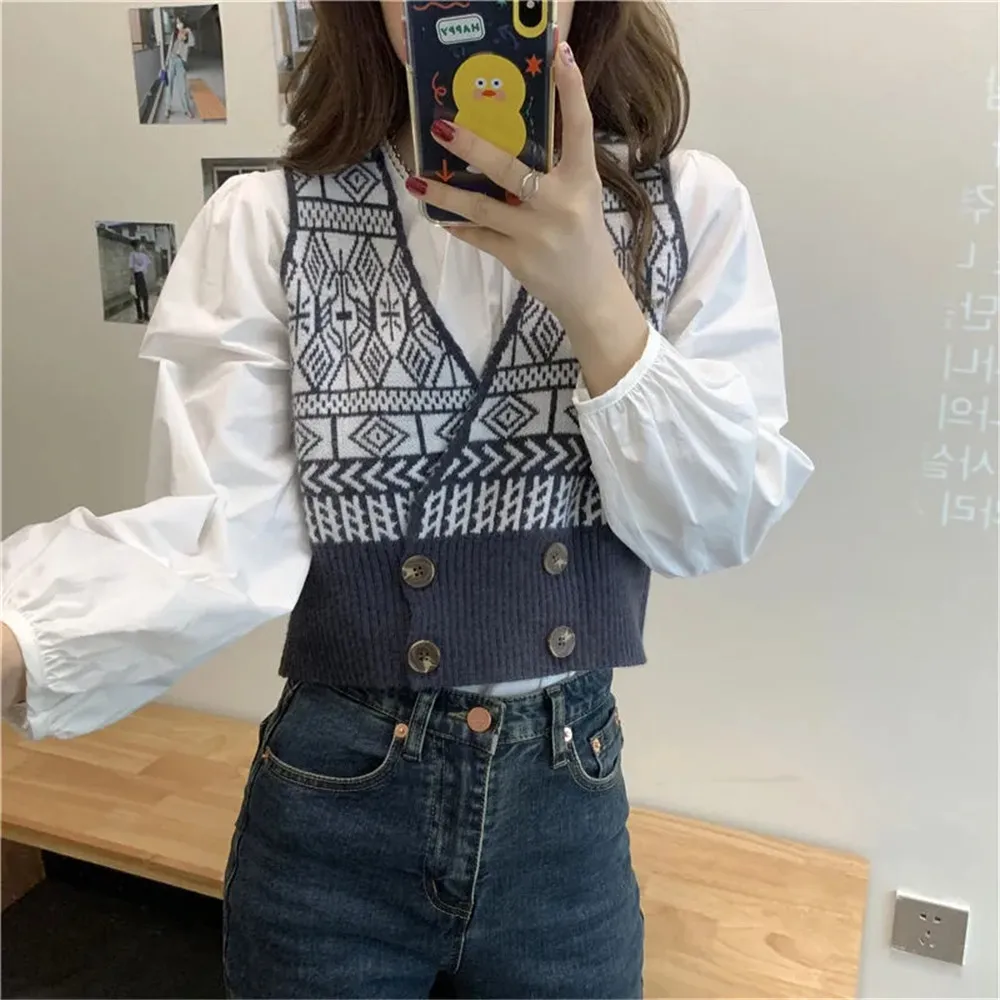 Sleeveless Knitted Jacket Vest Women'S Autumn Winter Pattern V-Neck Loose Cropped Sweater Brown Coat Chaleco Mujer Streetwear