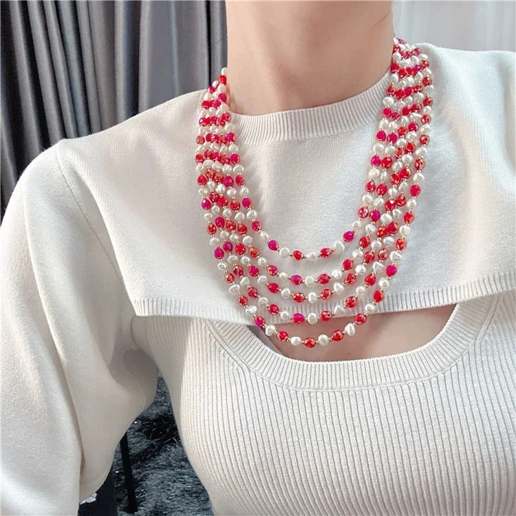 Natural Baroque shaped pearl and red crystal with multi-layer sweater necklace