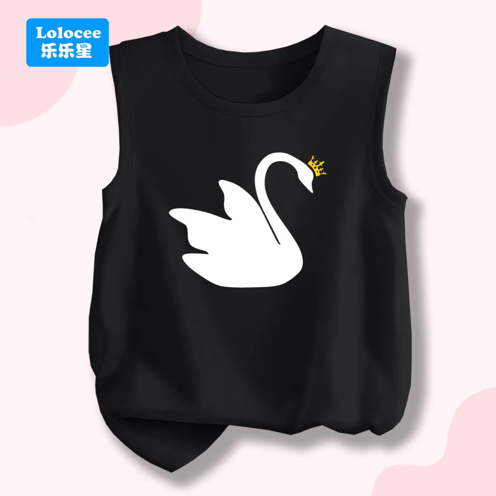 Crown Swan Print T-shirt Printed Vest Graphic Print Tank Top Girls' Sleeveless Crew Neck Casual Top TE1
