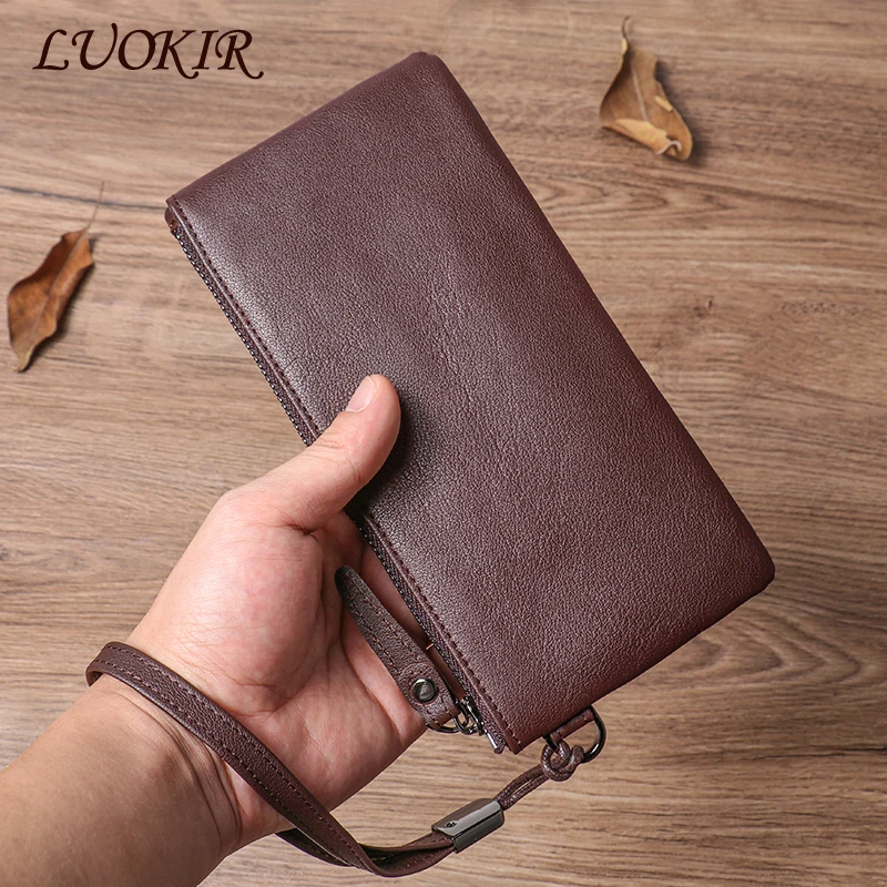 LUOKIR High Quality Men\'s Genuine Clutch Bag Casual Soft Cowhide Long Wallet Women Simple Slim Zipper Card Clip Coin Phone Bags