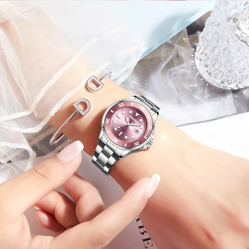 YASHIDUN Luxury Couple Pair Watch Waterproof Luminous Date Quartz Wristwatch Stainless Steel Watches for Woman Men Green Watch