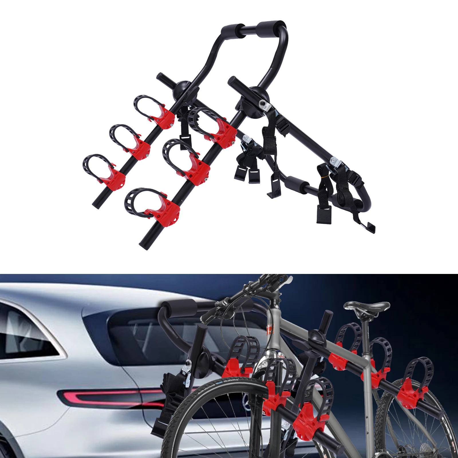 20kg 3-Bike-Trunk-Mount Foldable Trunk Bike Rack for Hatchbacks and SUVs Modern Three Bicycles Trunk Bike Rack Black and Red