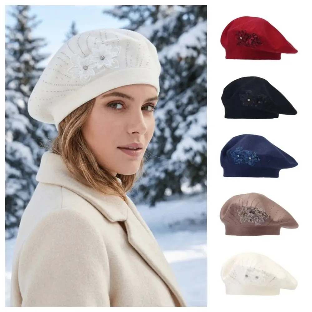 Classic Solid Color Flower Wool Beret Knitted Soft French Style Painter Cap Octagonal Hat Warm Beret Hat Autumn Winter