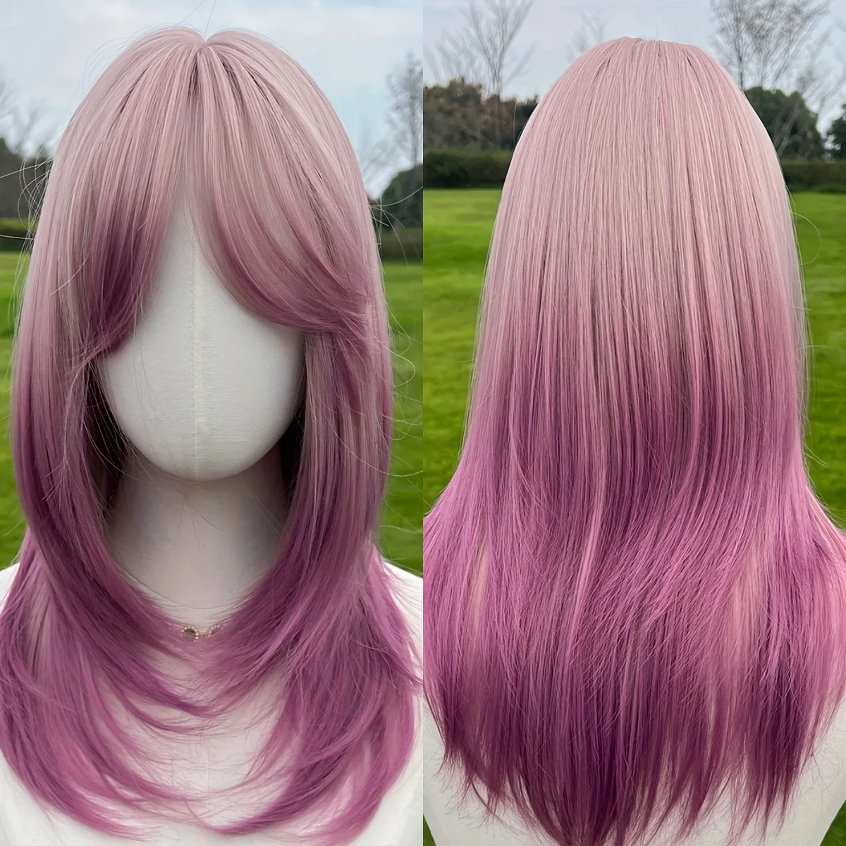 Popular fashion wig 24 inches pink gradual change women's chemical fiber wig