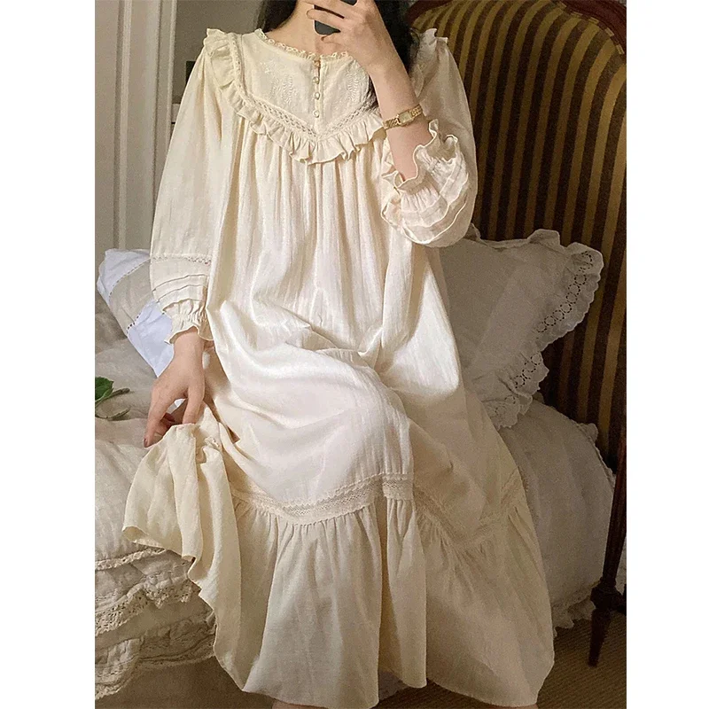 

Women's Nightdress Solid Spring Summer French Style Ladies Homewear Three Quarter Sleeve Hollow Out Solid Nightgown for Female