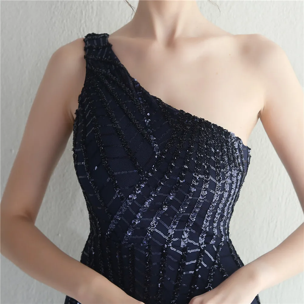 Evening Dress Navy Blue Sequins Stretchy One Shoulder Zipper Mermaid Trumpet Floor Length Slit Women Party Formal Gown YE297