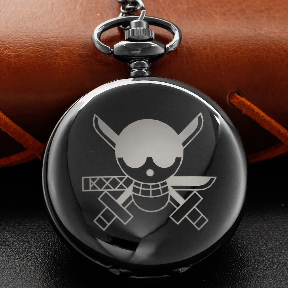 Vintage Classic Pirate Emblem Commemorative Gift Black Fashion Necklace Pendant with Quartz Pocket Watch