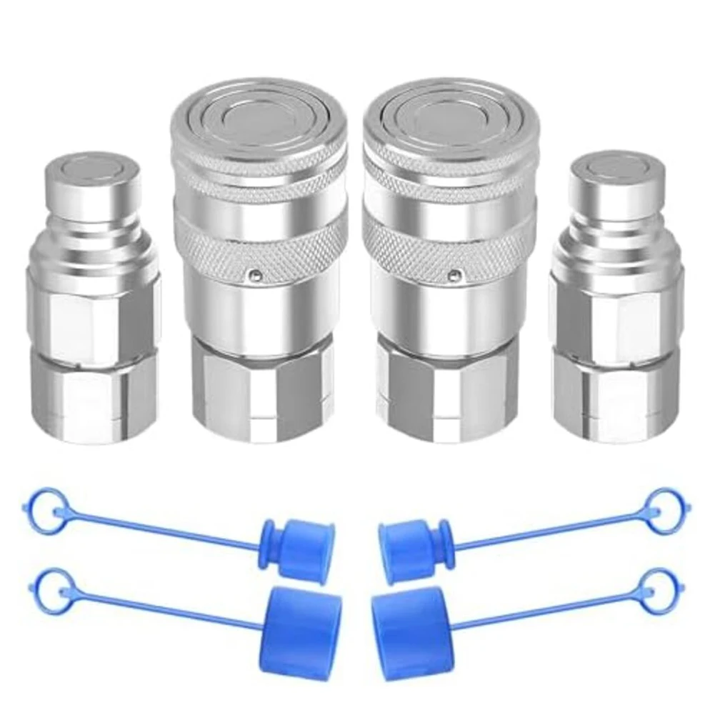 2Set NPT Flat Face Hydraulic Quick Connect Couplers/Couplings With Dust Cap 1/4 3/8 1/2 NPT Thread For Skid Steer Models
