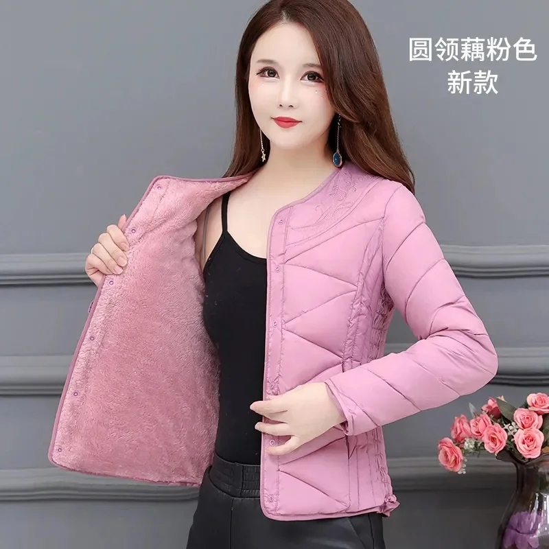 Winter Down Padded Jacket Women\'s Inner Short Mother\'s Wear Velvet Thickening Middle-Aged Elderly Mom Wear Pocket Jacket Pink