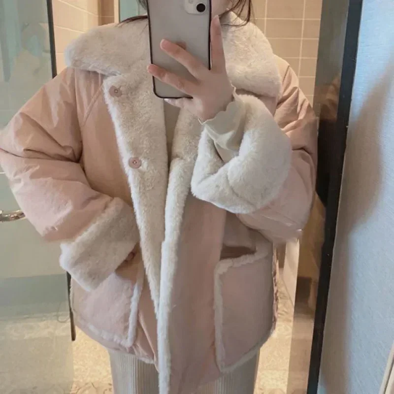 Winter Lambswool Parkas Women Double Side Wear Thick Fleece Coat Female Korean Fashion Cute Preppy Style Single Breasted Jacket