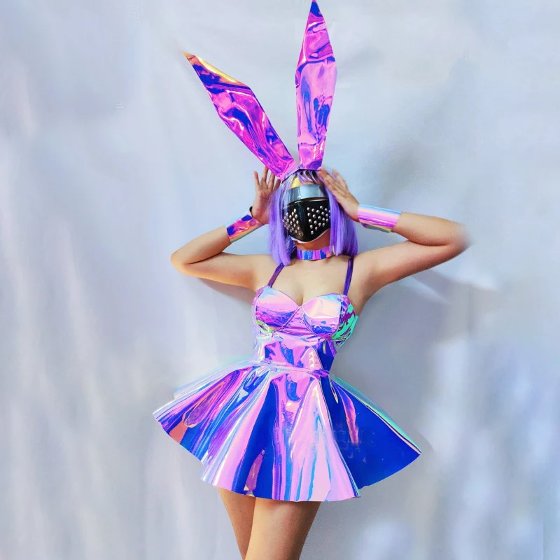 Women Prom Dress Purple Laser Dress Animals Headwear Bar Nightclub Dj Ds Gogo Costume Stage Pole Dance Festival Outfit