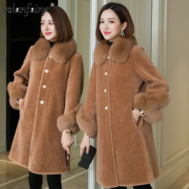 Yolanfairy jaqueta de lã pura casaco de pele feminina meados de longo casacos de lã gola de pele de raposa jaquetas de inverno femininas outono inverno