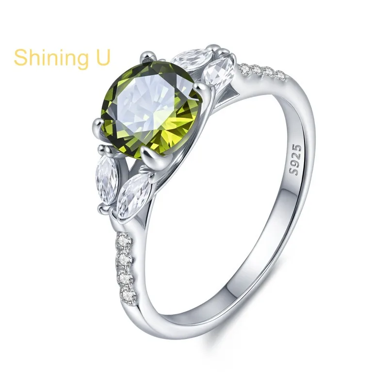 Shining U 925 Sterling Silver Oliver Green 7mm Round Gems Ring for Women Fine Jewelry Summer