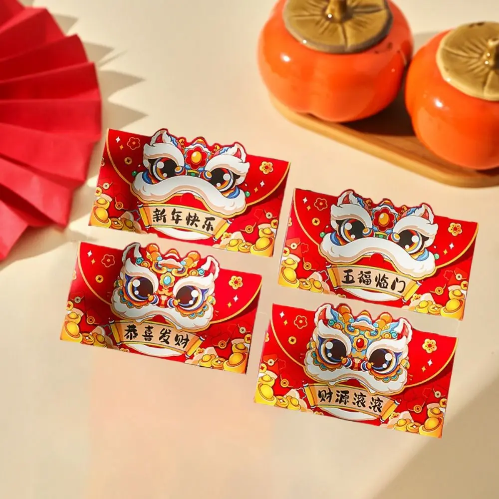 Sobres rojos del año del serpiente de dibujos animados, bendición tradicional, año 2025, paquete rojo del despertar del León de papel, 8 Uds.