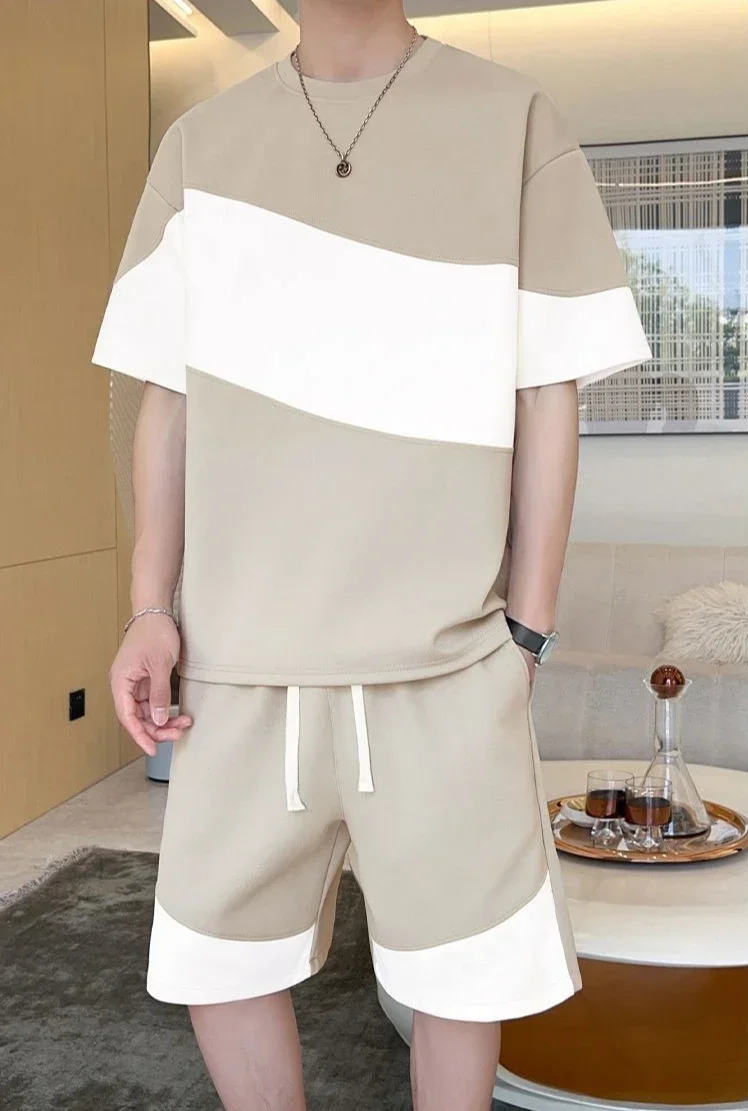 

Nylon T-shirts Shorts Suits for Men Regular Fit New in Matching Stretch Trendy Two Piece Set Baggy Slim Korean Elastic Man Sets