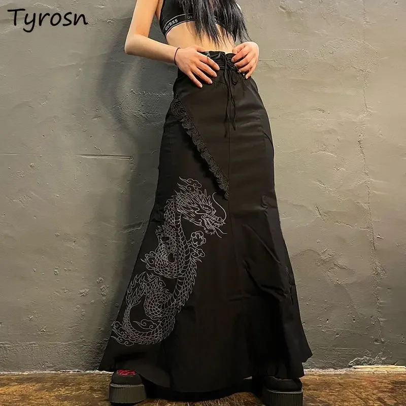 

Gothic Maxi Skirts Women Vintage Streetwear Black Punk Style Baggy Sexy Print Fashion Schoolgirls Simple All-match Faldas Mujer