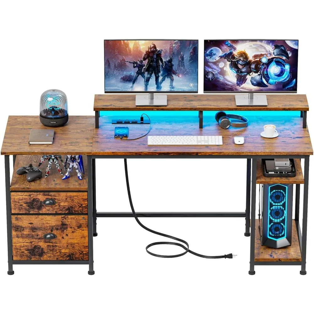 

Computer Desk with Power Outlet and LED Lights, Desk with Fabric File Cabinet Drawer