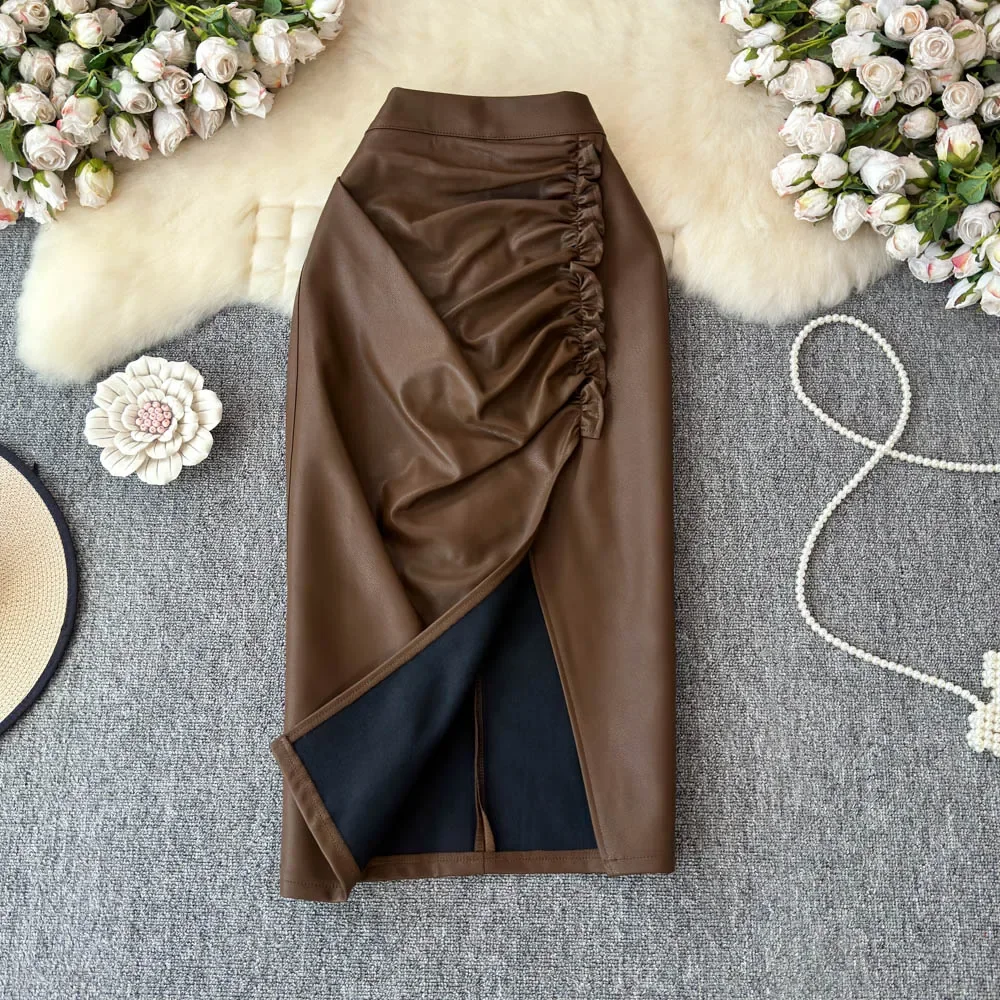 Basics Vintage PU Leather Elegant High Waist Chic Asymmetrical Side Fork Slim Skirt French High Street Autumn Winter Clothing