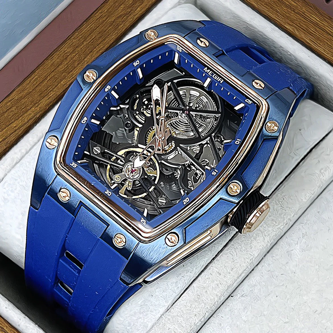 ساعة يد MEGIR للرجال، ساعة ميكانيكية أوتوماتيكية مقاومة للماء باللون الأسود مع عقارب مضيئة وحزام من السيليكون ومينا تونيو