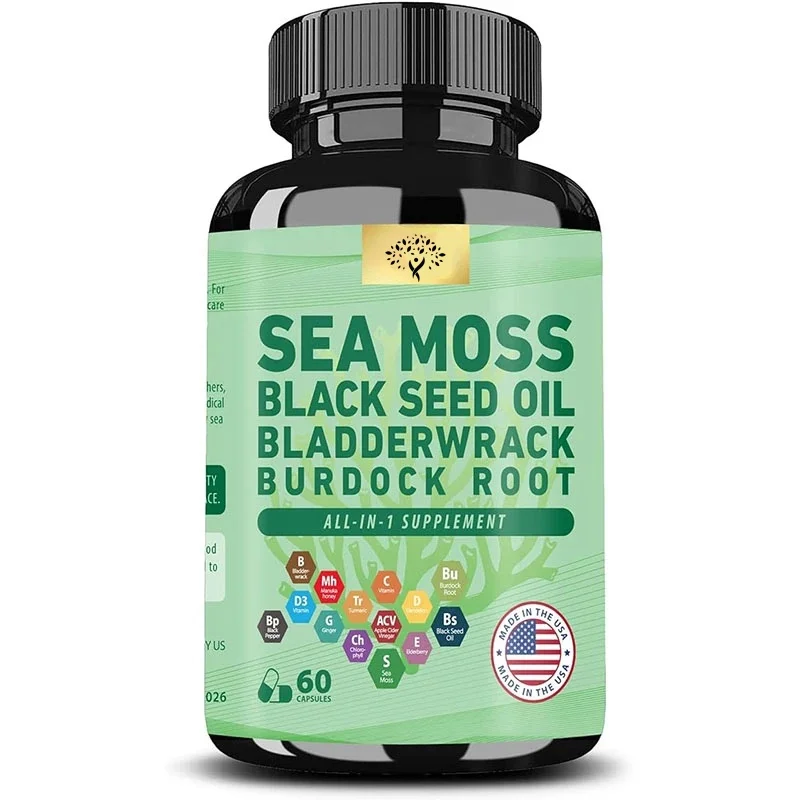 Organic Sea Moss Capsules For -with Black Seed Oil Bladderwrack Burdock Root Turmeric Vc Vd Elderberry Black Pepper Ginger