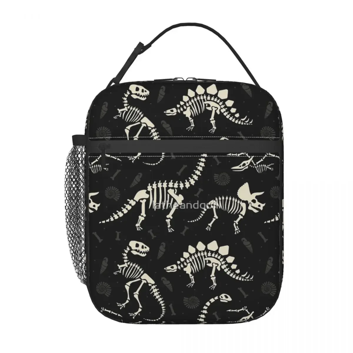 Dinosaur Fossils In Black Insulated Lunch Bag Trendy Durable Daily Customizable