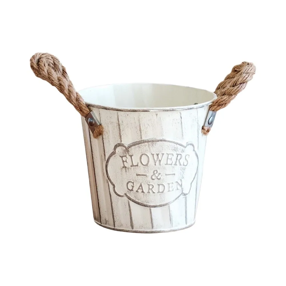 for beige Distressed Vertical Pattern Iron Flower Container with Woven Hemp Rope Handle for Home Office Garden Decor