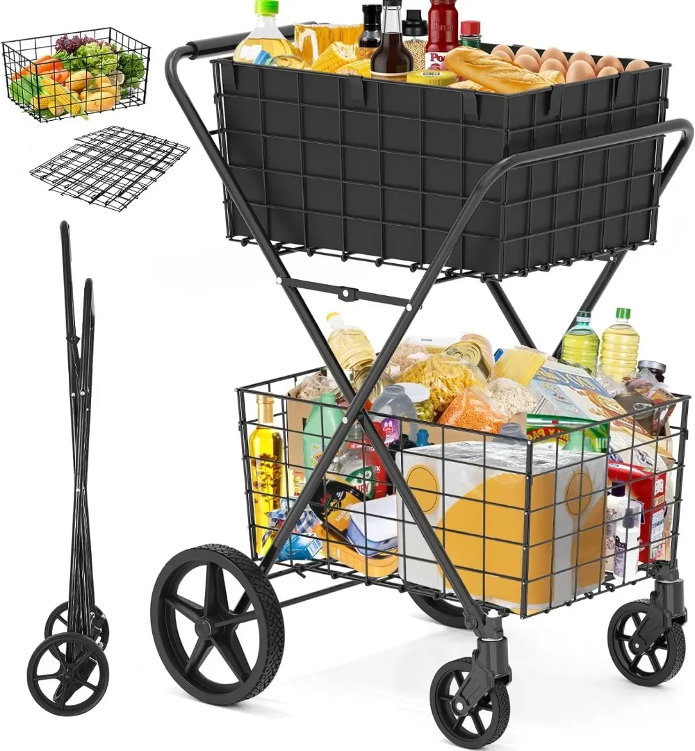 

2-Tier Extra Large Shopping Cart for Groceries 400Lbs Grocery Cart with 2 Removable Storage Baskets 360° Rolling Swivel Wheels