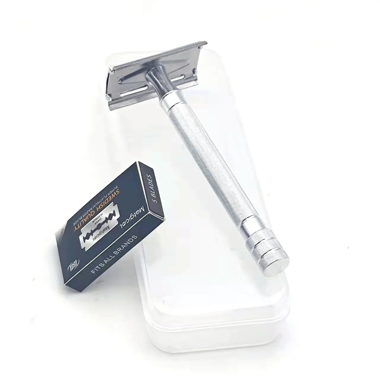 Double Edge Safety Razor For Men,Aluminum alloy  handle safety razor with 5PCS Blades +1pcs storage box