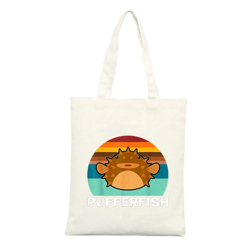 Canvas Tote Bag with Pufferfish Graphic, Retro Striped Design for Casual Shopping and Daily Use