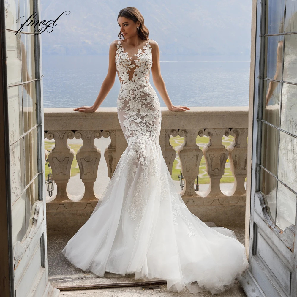 

Fmogl Elegant Scoop Appliques Flowers Mermaid Wedding Dresses Sexy Illusion Court Train Button Trumpet Bridal Gown