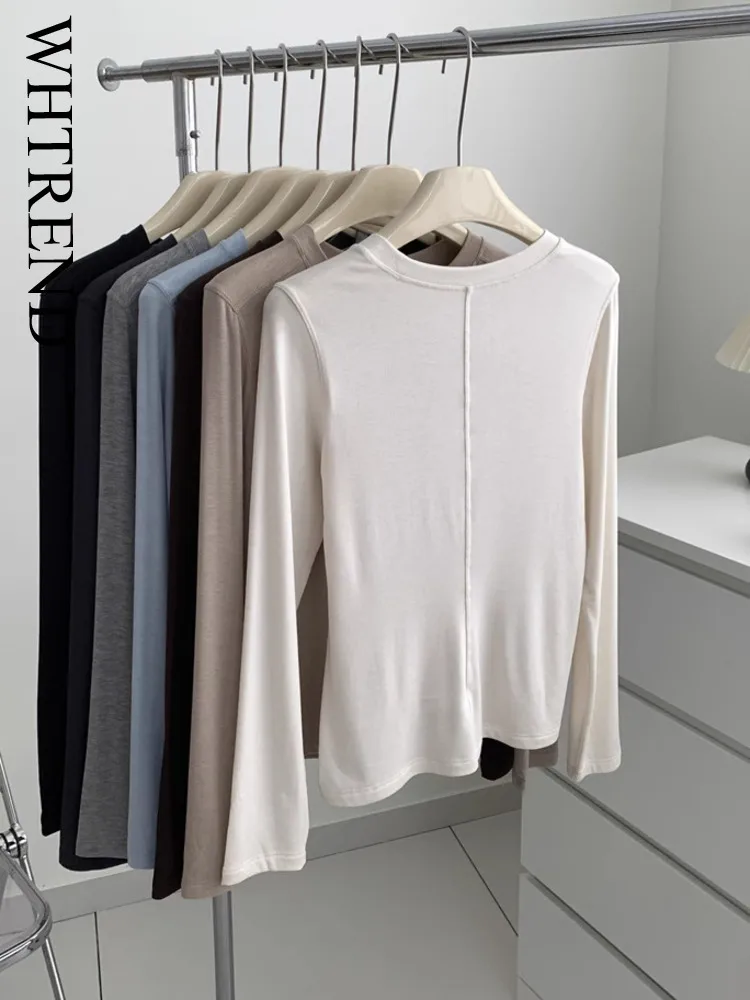 WHTREND أنيقة تنوعا الصوف المرقعة كم طويل محبوك تي شيرت للنساء الربيع رقيقة لينة بلون قاعدة القمصان WH2013 #1