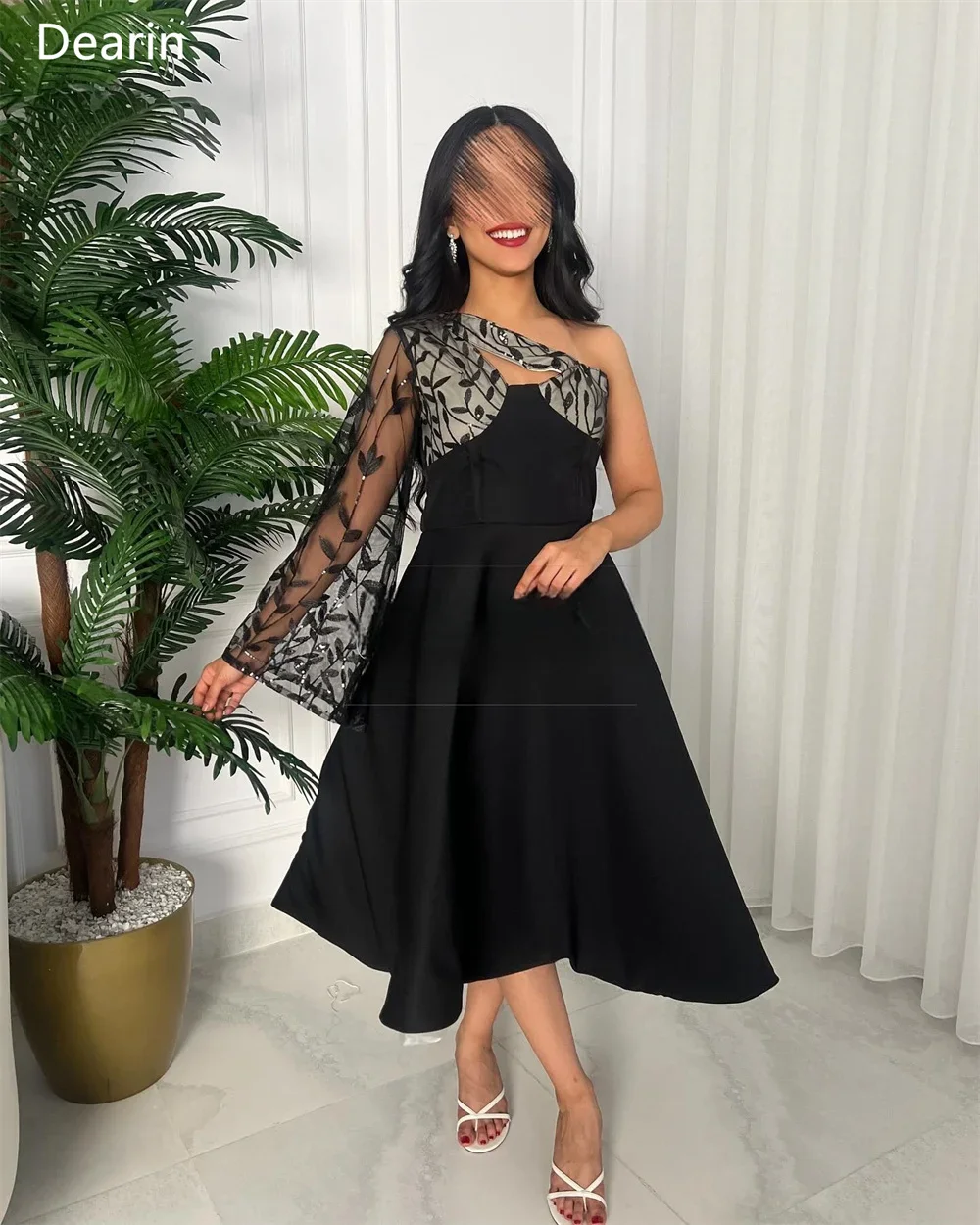 Customized Evening Dress Prom Gown Formal Party Occasion YPMWZX One-shoulder A-line Tea Length Skirts Draped Tulle Print Bespoke