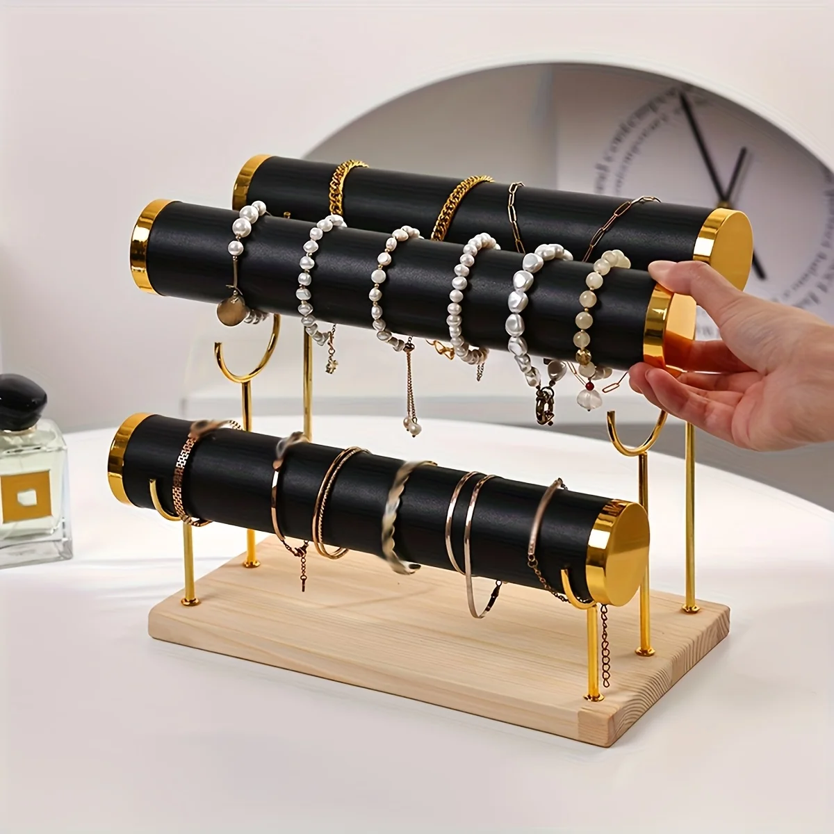 Gold Rim Velvet Bracelet Display Stand, Multi-Tier Wooden Base Jewelry Holder for Bangles Necklaces