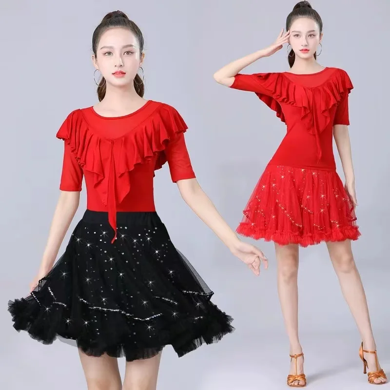 Elegant Mesh Mid-Long Latin Dance Skirt For Women New Style Comfory Soft Ballroom Dance Waltz Dancewear Top and Skirt suit