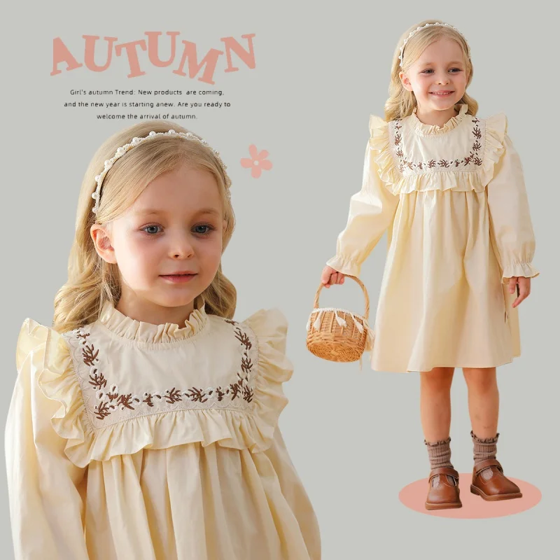 2024Autumn Girls Mori Style Vintage Flower Embroidered Stand Collar Flounce Long Sleeve Dress