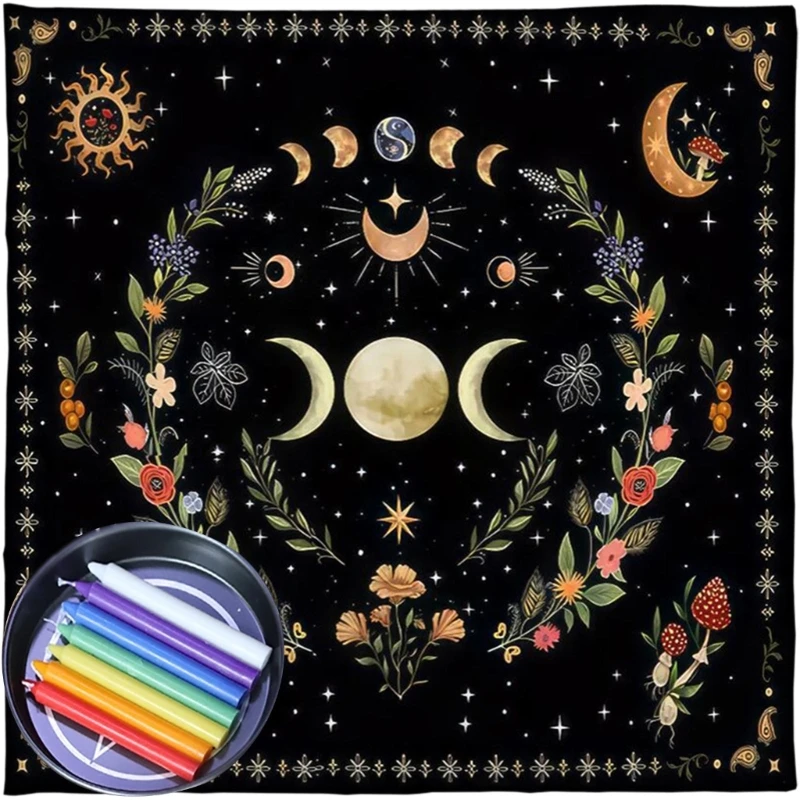 Phases lune fleur astrologies autels tissu Tarot nappe Divinations nappe tapisserie décor sorcellerie fournitures D5QD