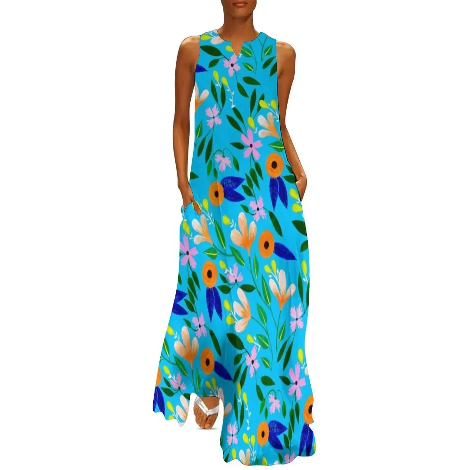 

Flowers on blue Long Dress dresses for womens dress party evening elegant luxury celebrity Summer dresses for women Dress
