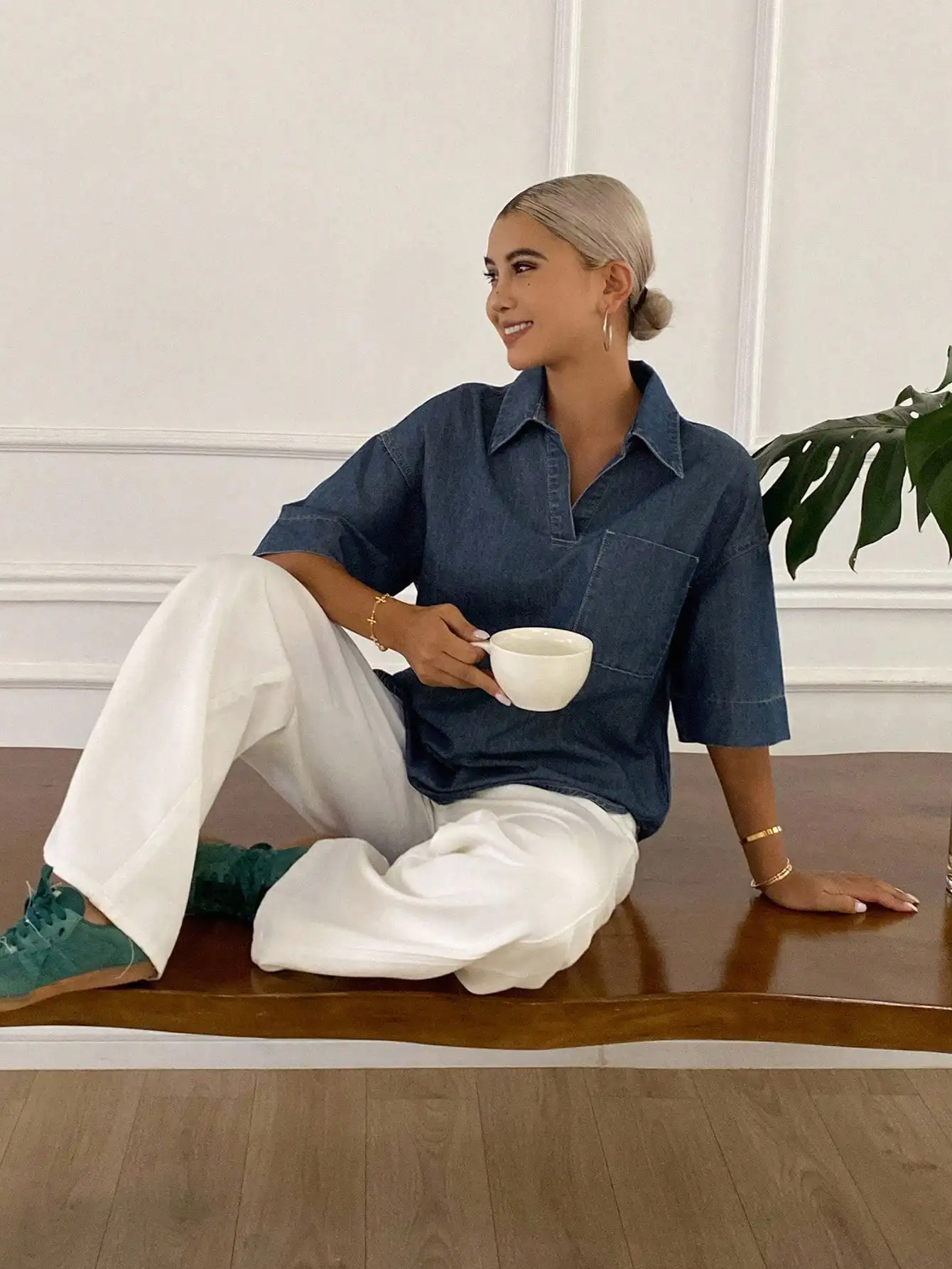 

Женская повседневная свободная джинсовая блузка с коротким рукавом