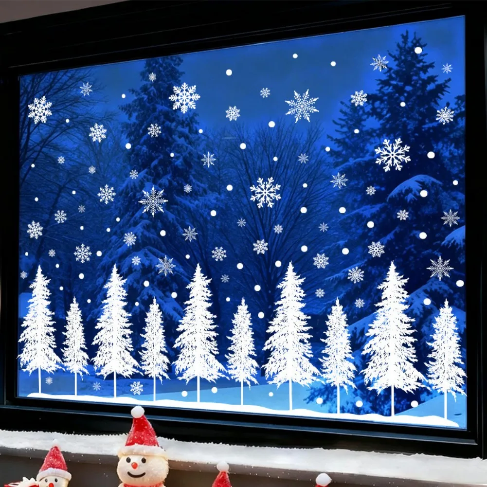 White Christmas Decals for Windows - Snowflake and Tree for static Clings PVC Material for Holiday Season Decoration