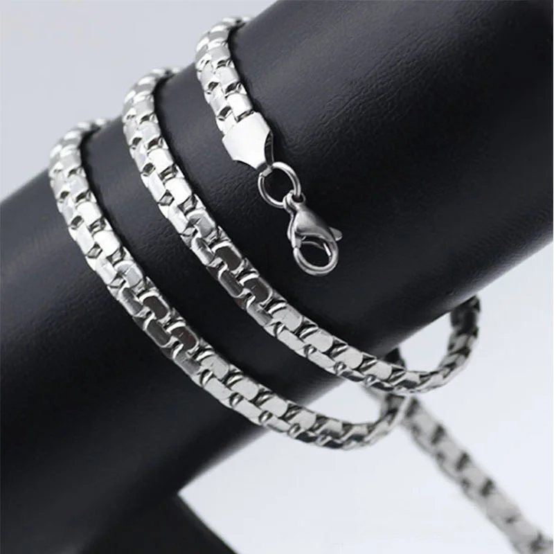 Stainless Steel Flat Box Chain Long Necklace for Men Women Punk Rock Tone Choker on Neck Silver Color Metal Jewelry Accessories