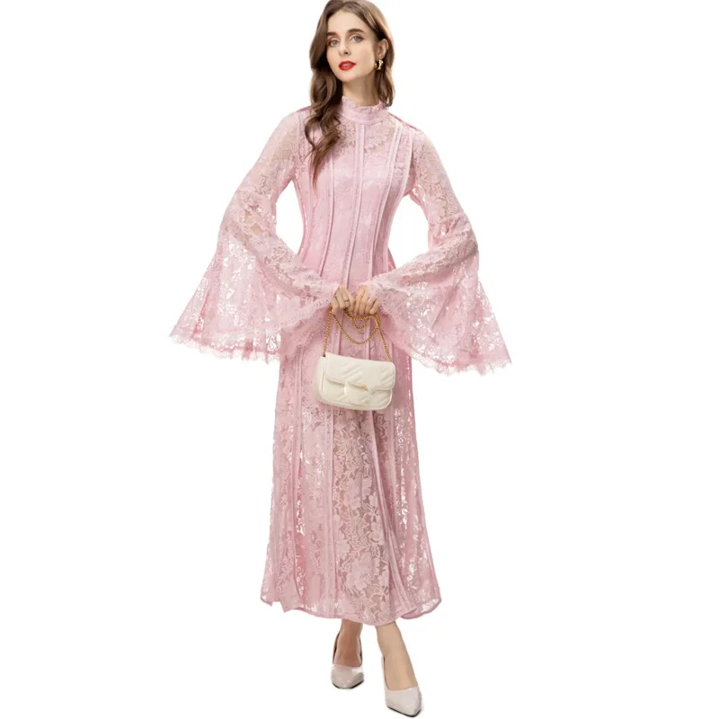 2024 Summer Runway Designer Holiday Prom Dress Women Lantern Long Sleeve Flower Embroidery Lace Maxi Vestidos Longo