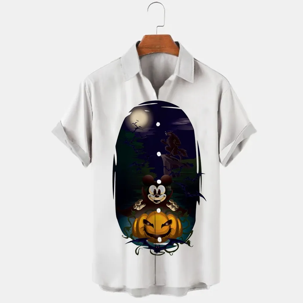 Miniso Disney Halloween Mickey Minnie Men Anime Print Short Sleeve Street Shirt Women Party Wear Boys Girls Street Tops