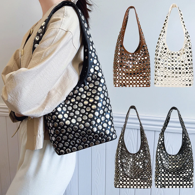 

Trendy Punk Round Rivet Bucket Bag Luxury Shiny Rivet Handbag Shoulder Bags Women Fashion Large Capacity Underarm Bag