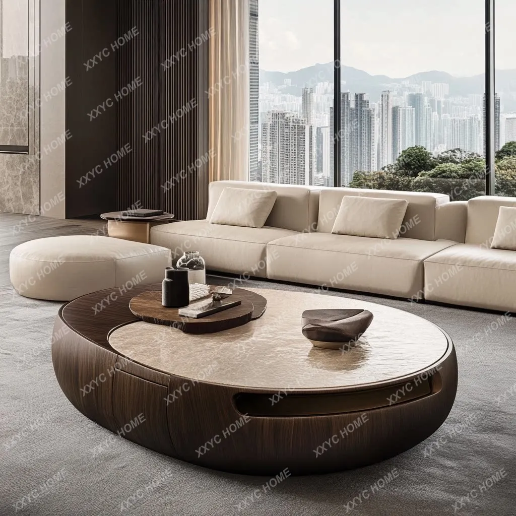 Modern design coffee table high-end luxury villa large flat floor living room light luxury atmosphere oval coffee table
