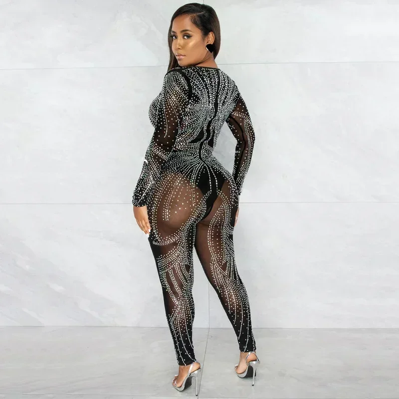 GUWU Hot Rhinestones Women Long Sleeve Deep V-neck Bodycon Skinny Jumpsuit 2024 Sexy Club Party Prom Diamonds Long Pants