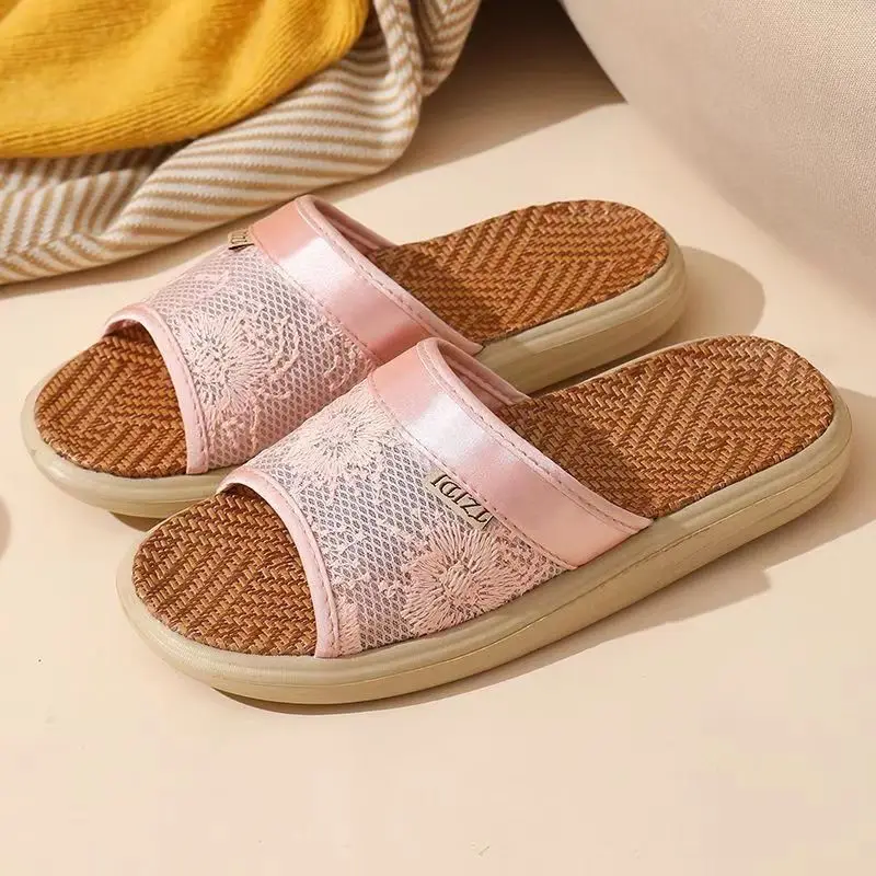 Summer Woman's One Word Flat Sole Cool Rattan Grass Slipper Soft Sole Non Slip Breathable Home Linen Floor Slipper