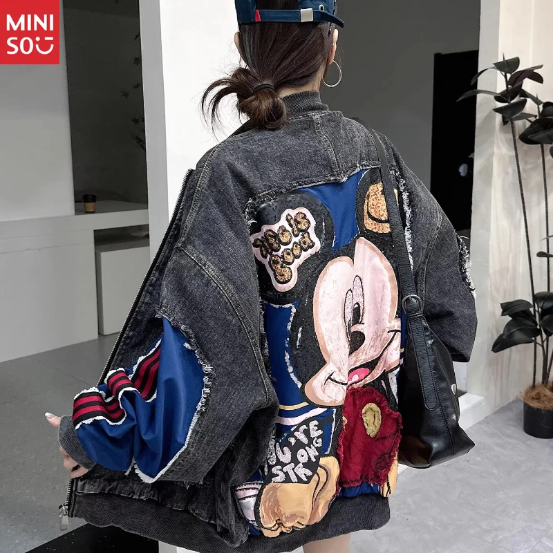 

Disney Oversized Denim Jacket for Women 2025 New Autumn Fashion Sequined Embroidery Heavy-Duty Biker Jacket Trendy