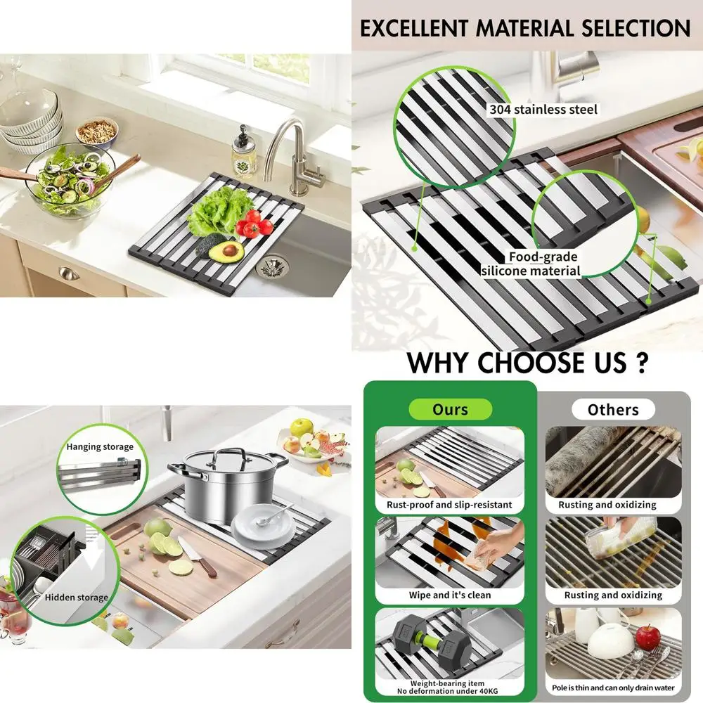 

Stainless Steel Foldable Sink Drying Rack with Non-Slip Bowl Holder for Kitchen Countertops - 23.26x12.8IN Multipurpose