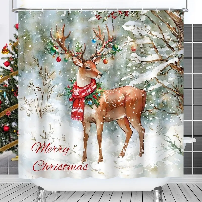 Christmas Snow Deer Red Scarf Berry Ball Shower Curtain No Drilling Hooks 12 Hooks Bathroom Decor Holiday Winter Theme