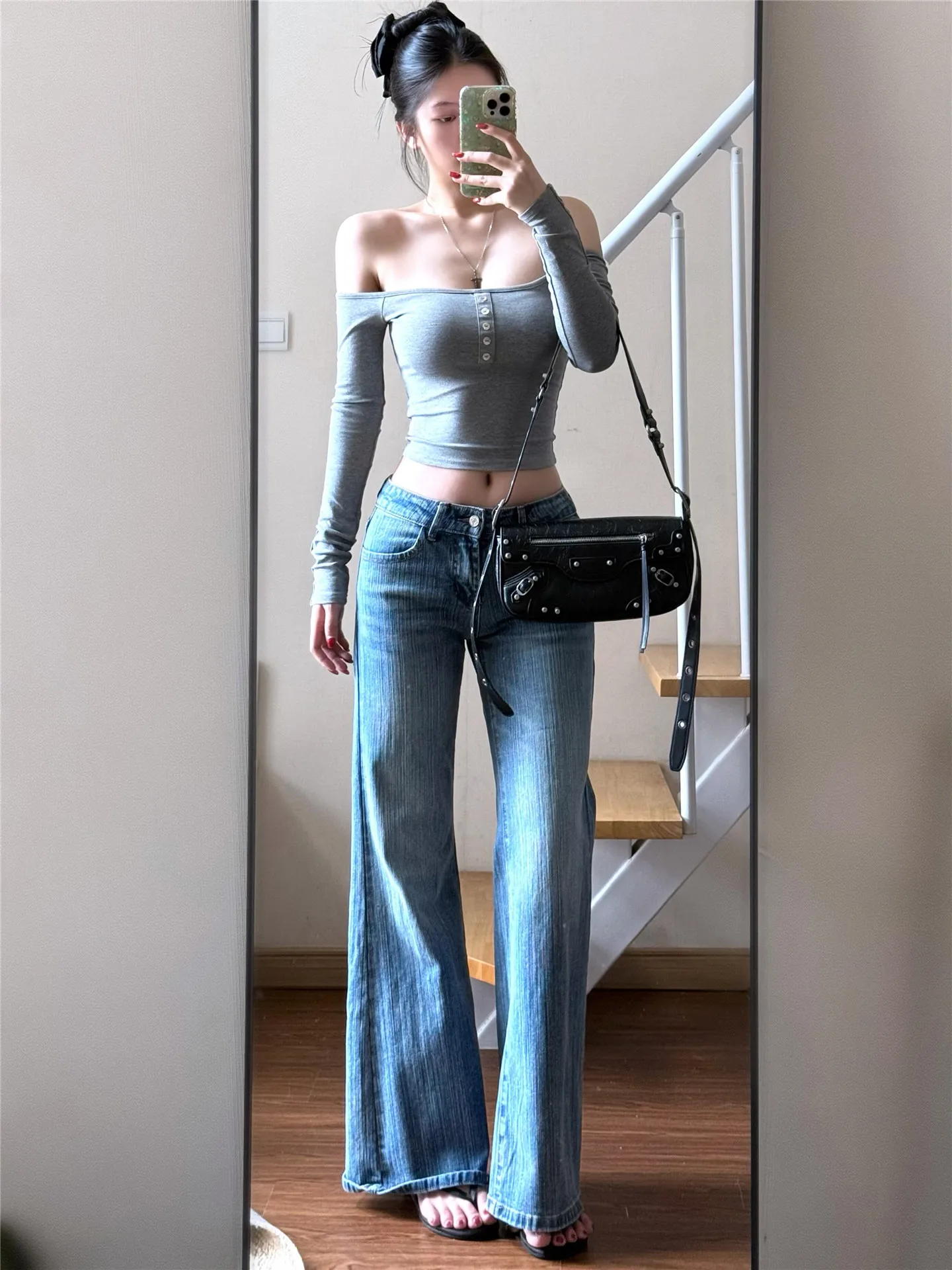 

Ретро-джинсы-клеш из бамбукового денима для женщин, свободные, с низкой посадкой, не обтягивающие, длинные в пол, повседневные, из хлопка